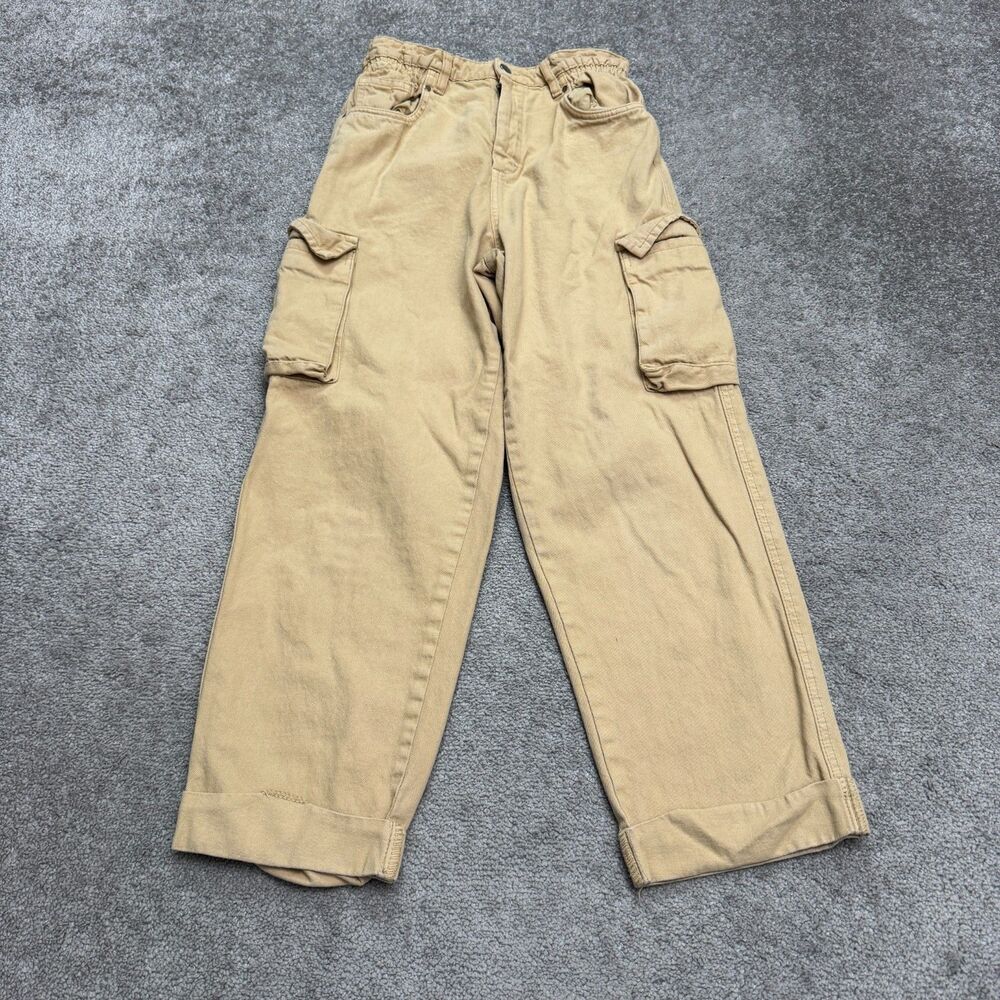 NUON Paperbag Cargo Ankle Pants Women 30 Tan Brown High Rise Cotton Casual 26x26